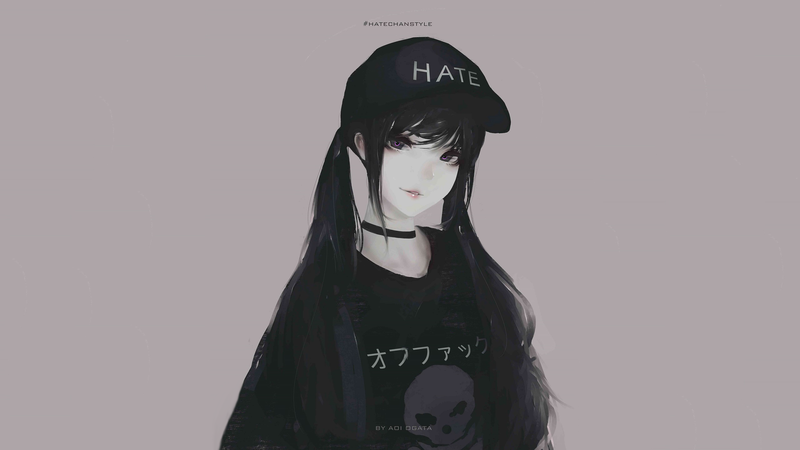 Aoi Ogata, women, simple background, purple eyes, anime girls, anime, choker, Asian, hate, brunette, black hair, long hair, hate-chan