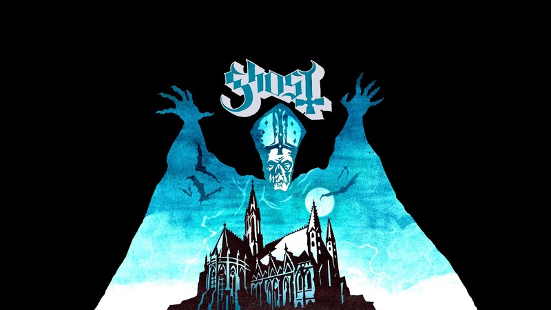 Ghost B.C., ghost, Papa Emeritus, cyan, black background, church