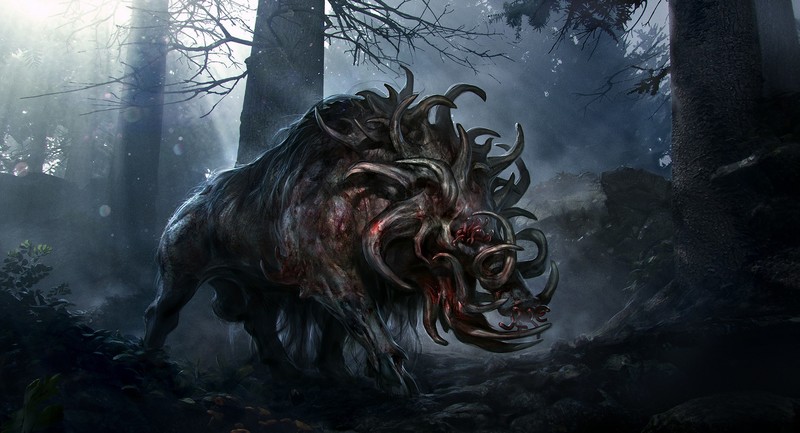 digital art, creature, forest, blood, Princess Mononoke, anime, Studio Ghibli, boars, demon, demon horns