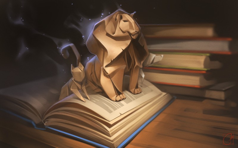 Alexandra GaudiBuendia Khitrova, drawing, origami, lion, books, cats