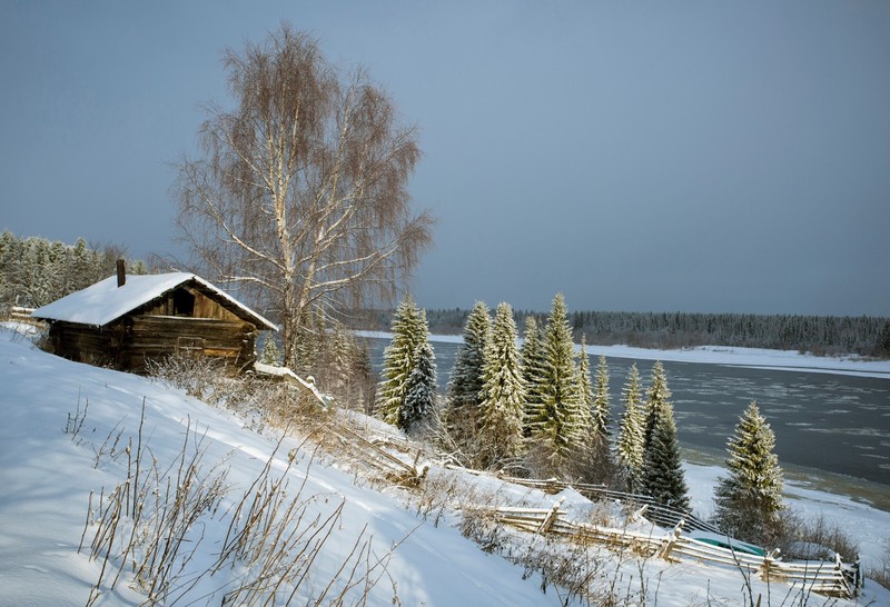 winter, river, landscape, trees, snow, barn