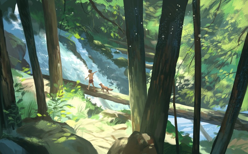digital art, forest, fox, rock, waterfall, water, trees, environment, nature