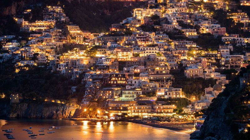 city, buildings, aerial view, lights, coast, hilly, 4k