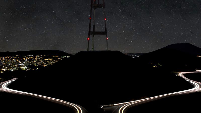 hill, tower, night, lights, road, dark, 4k