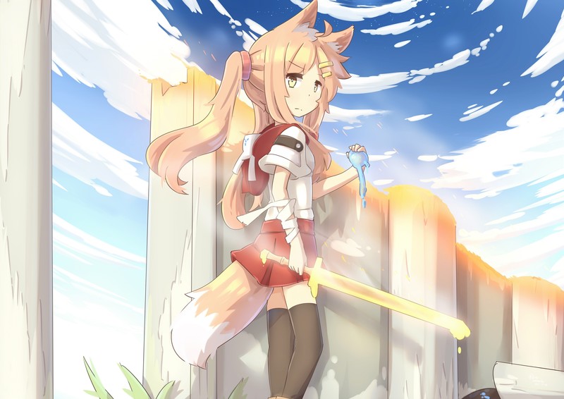 tail, animal ears, sky, anime girls