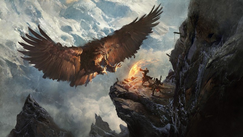 artwork, fantasy art, eagle, mountains, painting, Greg Rutkowski