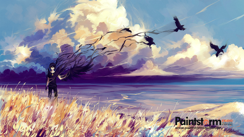 artwork, digital art, fantasy art, birds, crow, black, landscape