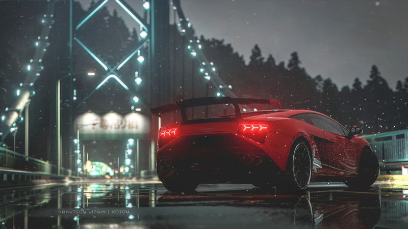 car, red, sports car, side view, lights, wet, 4k