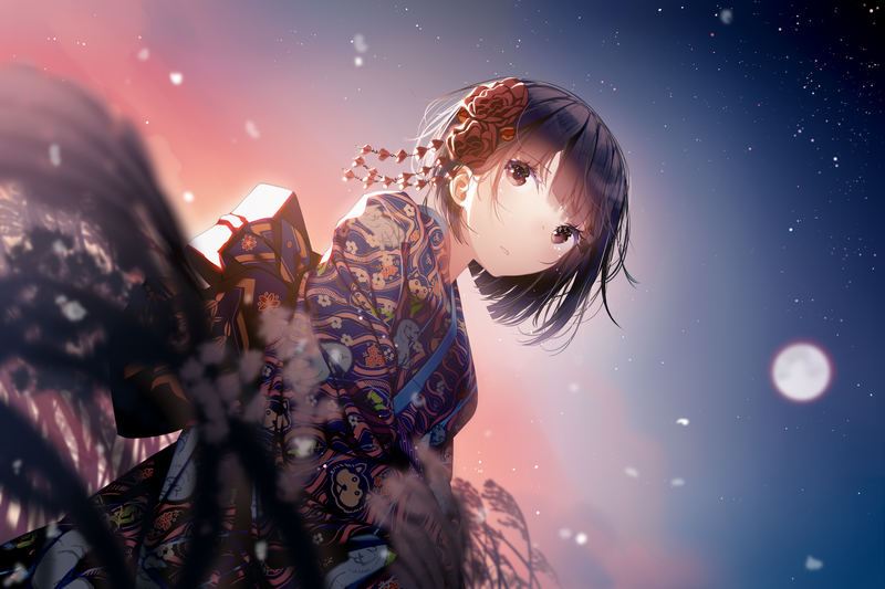 original characters, brown eyes, brunette, Japanese kimono, kimono, short hair, starry night, stars, flowers