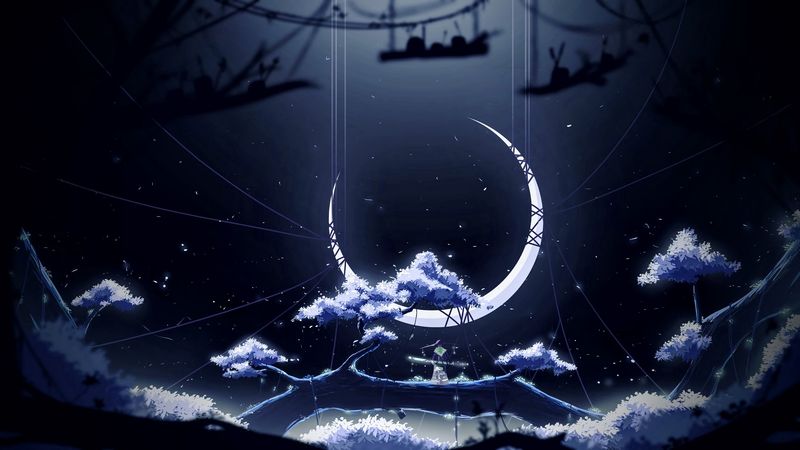 crescent, night, moon, trees, thread, 4k