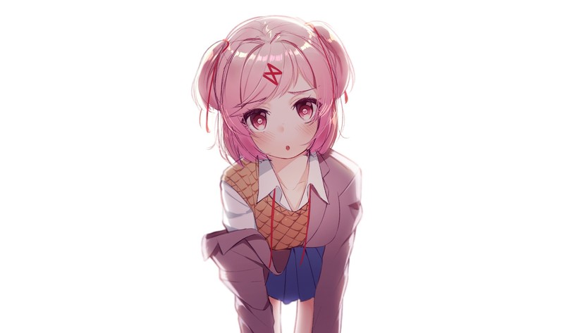 anime, anime girls, Doki Doki Literature Club, pink hair, short hair, school uniform, pink eyes, looking at viewer, open mouth, white background, Natsuki (Doki Doki Literature Club)
