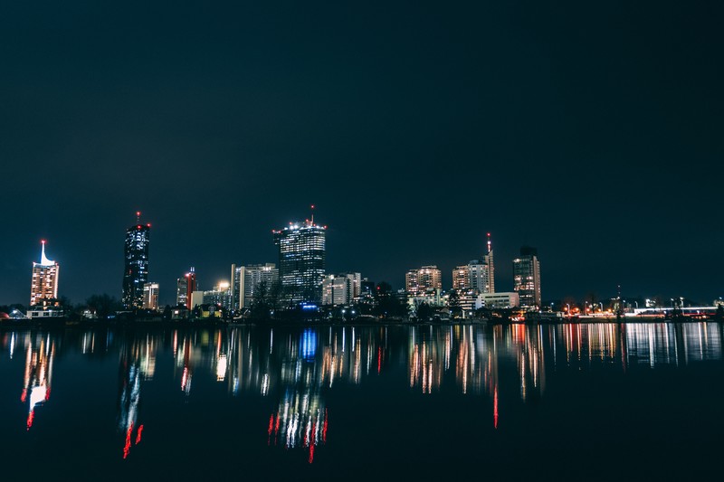 city, water, reflection, lights, night