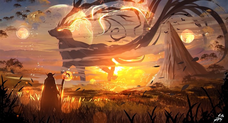 fantasy art, sunset, digital art, magic, mountains