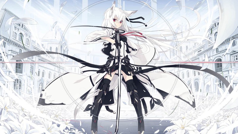 sword, white flowers, long hair, black ribbons, ribbon, red ribbon