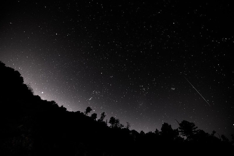landscape, mountains, trees, starry night, stars, night, shooting stars
