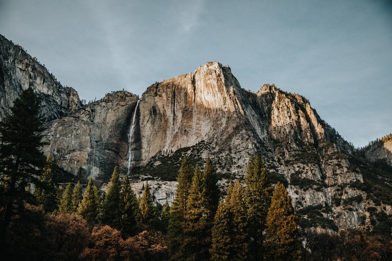 landscape, mountains, trees, forest, nature, waterfall