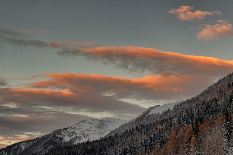 snow, sky, trees, clouds, mountains, landscape, snow tracks