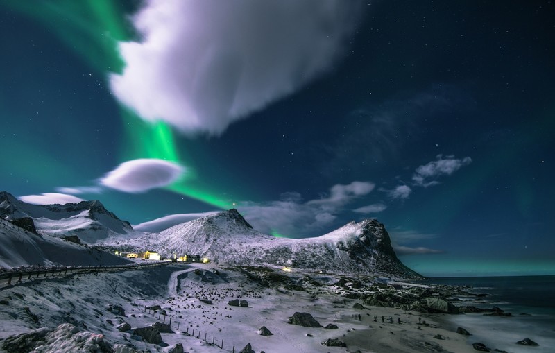 sky, aurorae, night, mountains, nature