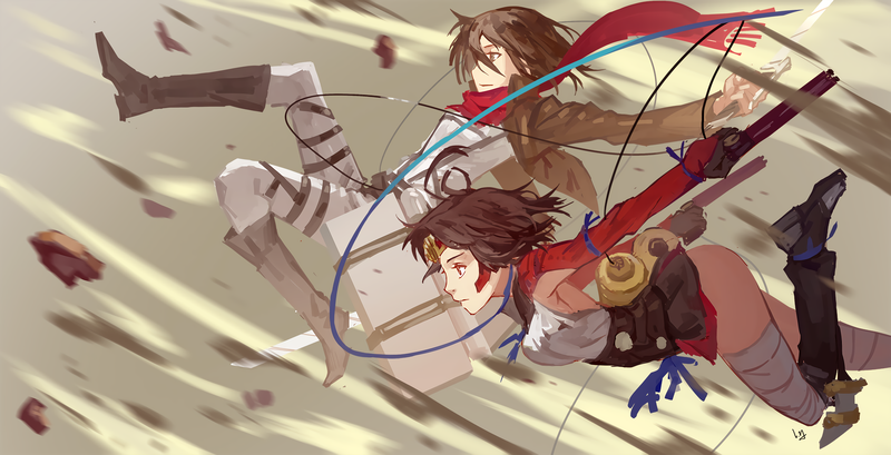 Shingeki no Kyojin, Koutetsujou no Kabaneri, crossover, Mikasa Ackerman, Mumei, anime girls
