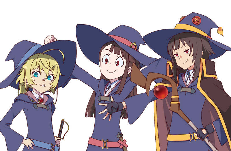 Little Witch Academia, Youjo Senki, Kono Subarashii Sekai ni Shukufuku wo!, Tanya Degurechaff, Kagari Atsuko, Megumin, crossover, simple background, witch, anime girls