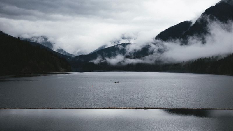 mountains, fog, lake, water, bw, 4k