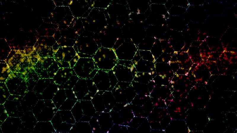 hexagons, dark, colorful, spots, lines, 4k