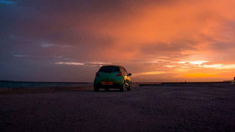 mazda, car, sunset, sky, clouds, 4k