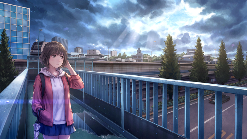 anime, anime girls, original characters, umbrella, brunette, short hair, cityscape, looking away