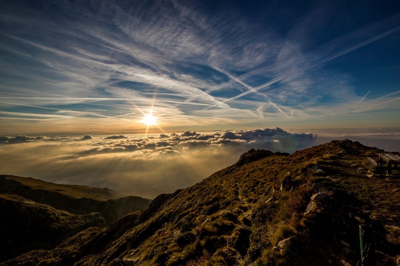 mountains, sky, sea, Sun, clouds