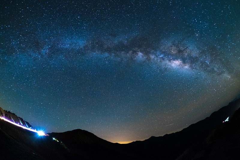 mountains, starry night, car, lights, night