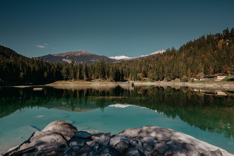 lake, water, reflection, forest, rocks, clouds, landscape, Switzerland