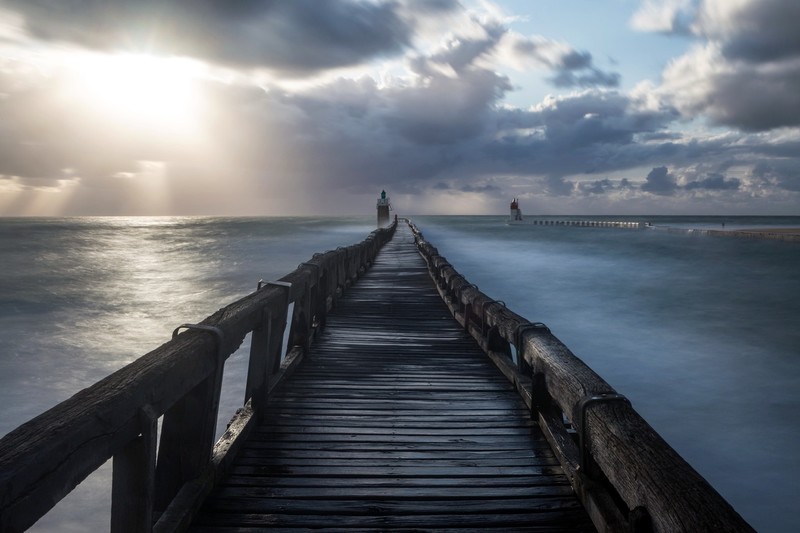 sea, sky, clouds, pier, horizon