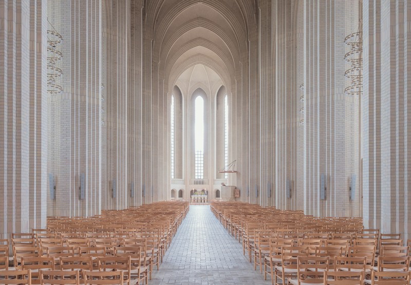 architecture, building, Copenhagen, Denmark, church, interior, arch, empty, chair, Altar, bricks, column