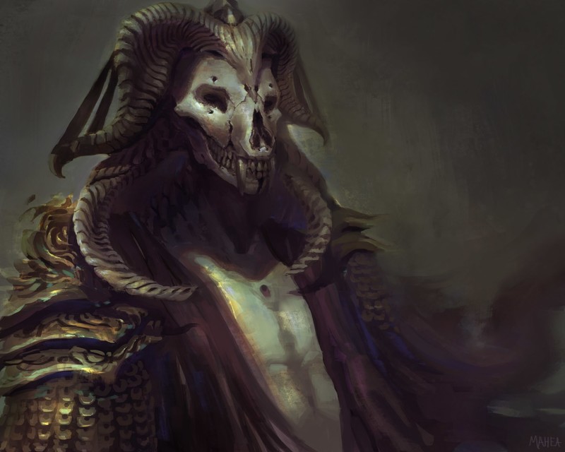 skull, digital art, painting, demon, horns, creature