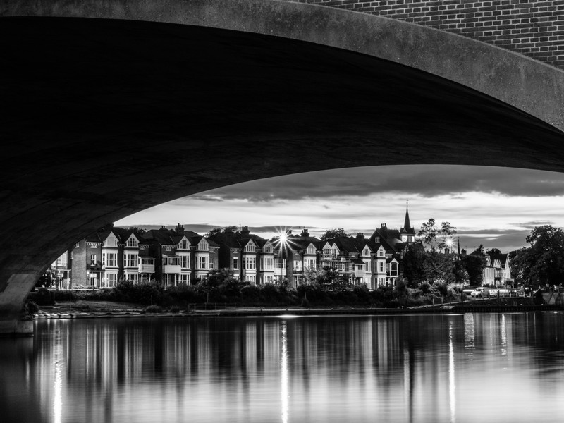 architecture, building, monochrome, river, bridge, house, reflection, clouds