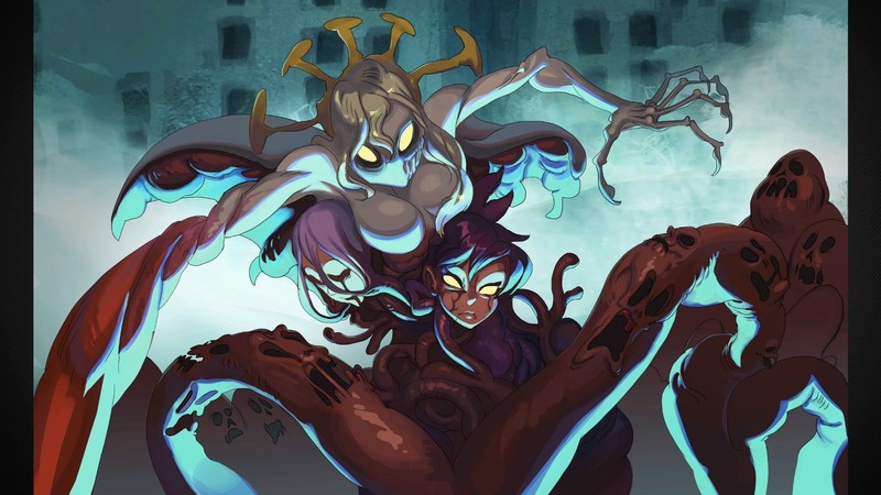 Skullgirls, double, boobs, anime, glowing eyes, creature, horror, yellow eyes, cyan