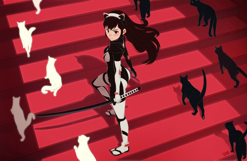 women, brunette, skin-tight, sword, cats, staircase