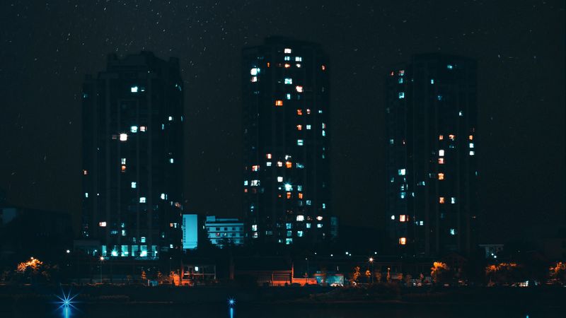 night city, buildings, skyscrapers, lights, moon, cityscape, 4k