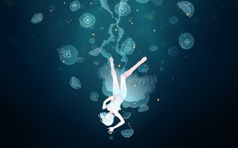 jellyfish, underwater, anime girls, anime, cyan, turquoise