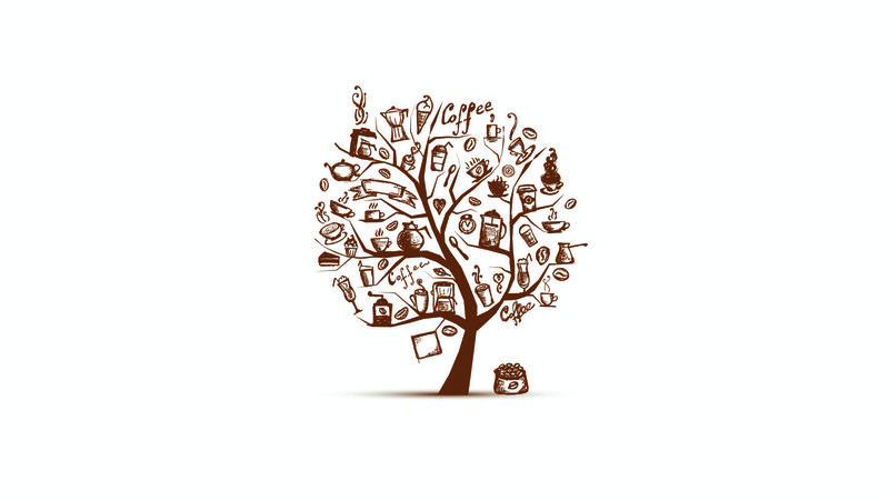 simple background, digital art, minimalism, coffee, trees, cup, coffee beans, glass, spoon, drawing, white background