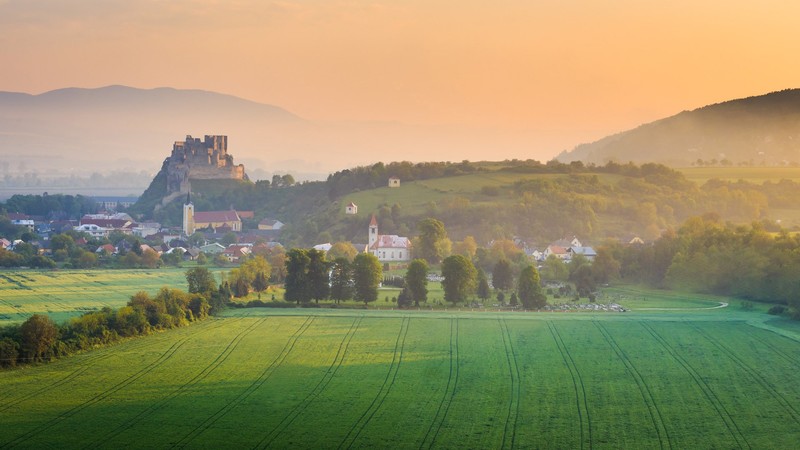 nature, landscape, mist, trees, hills, morning, sunrise, field, castle, church, Slovakia, village