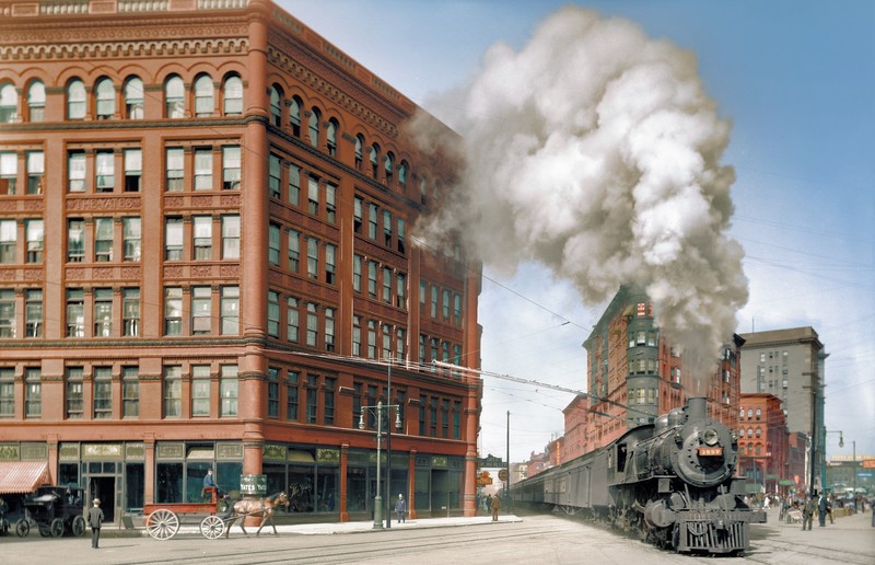 steam locomotive, train, smoke, colorized photos, old photos, building, vintage, New York City, USA, hotel, street, horse, people