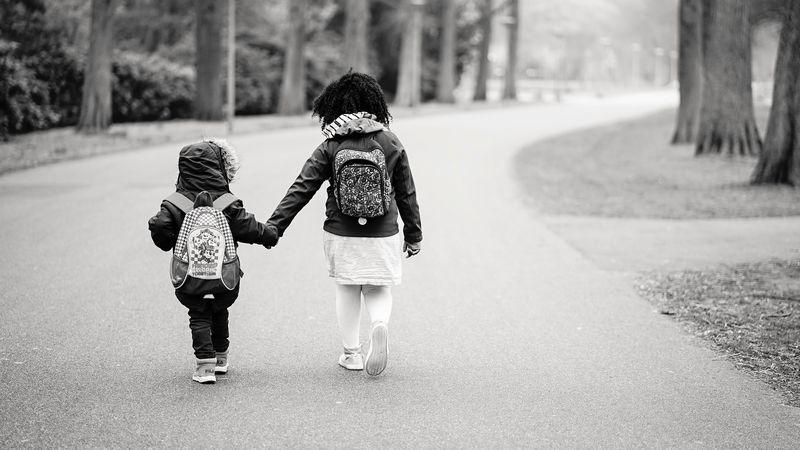 children, path, bw, schoolchildren, backpacks, 4k