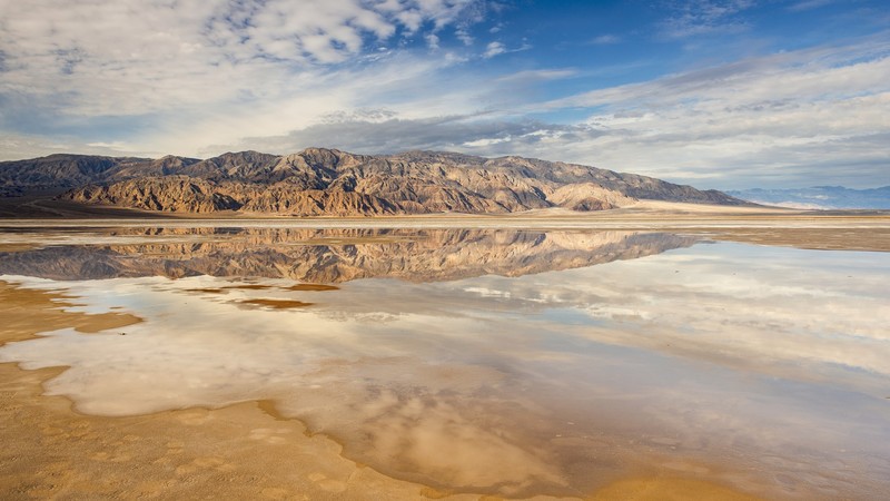 landscape, reflection, mountains, clouds, sand, plains, desert, far view