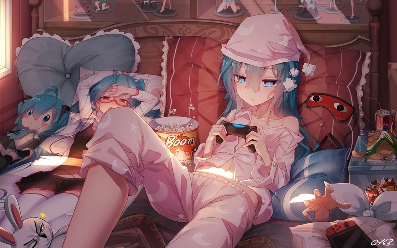 Hatsune Miku, in bed, Vocaloid, blue hair, long hair, gamepad, anime girls, 千夜QYS3