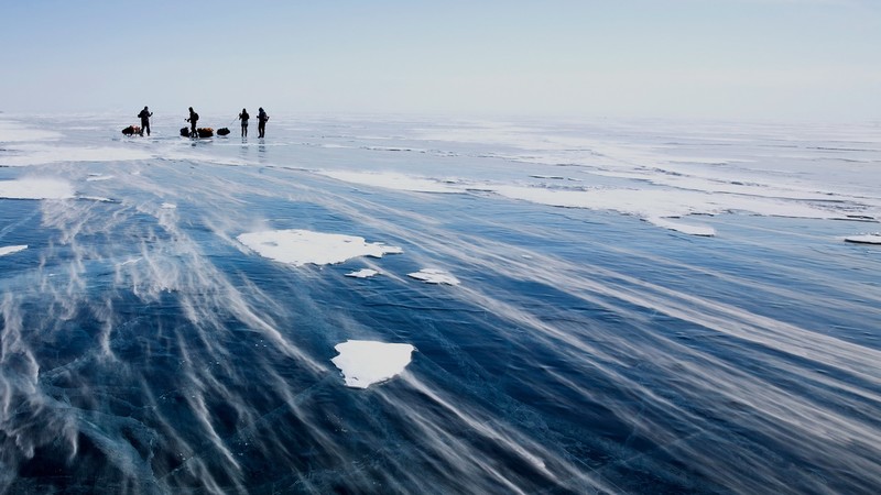 landscape, ice, frozen lake, wind, snow, people, sky, windy