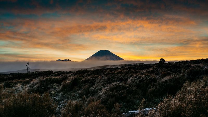 mountain, volcano, fog, landscape, twilight, 4k