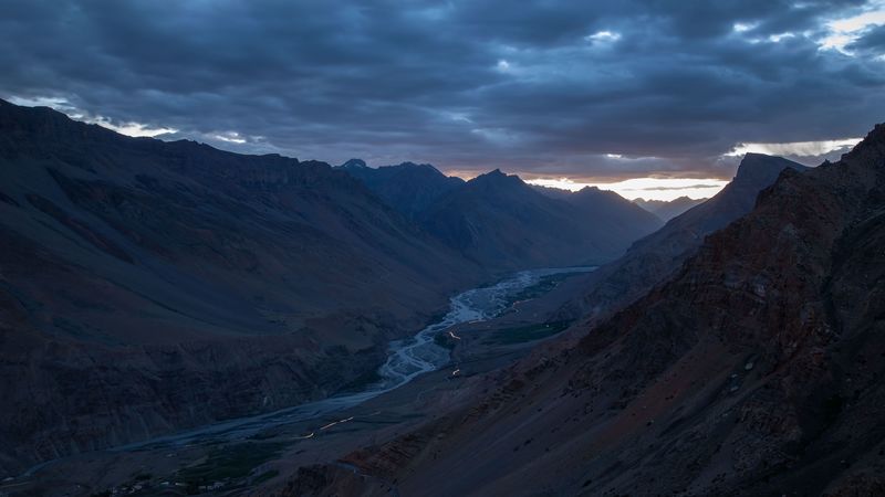mountains, river, valley, clouds, landscape, 4k