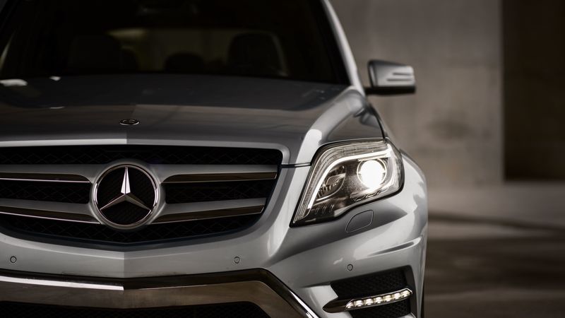 mercedes-benz glk350, mercedes, car, gray, front view, headlight, 4k