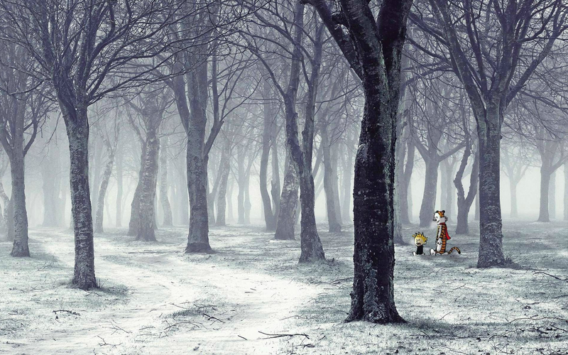Calvin and Hobbes, snow, trees, winter